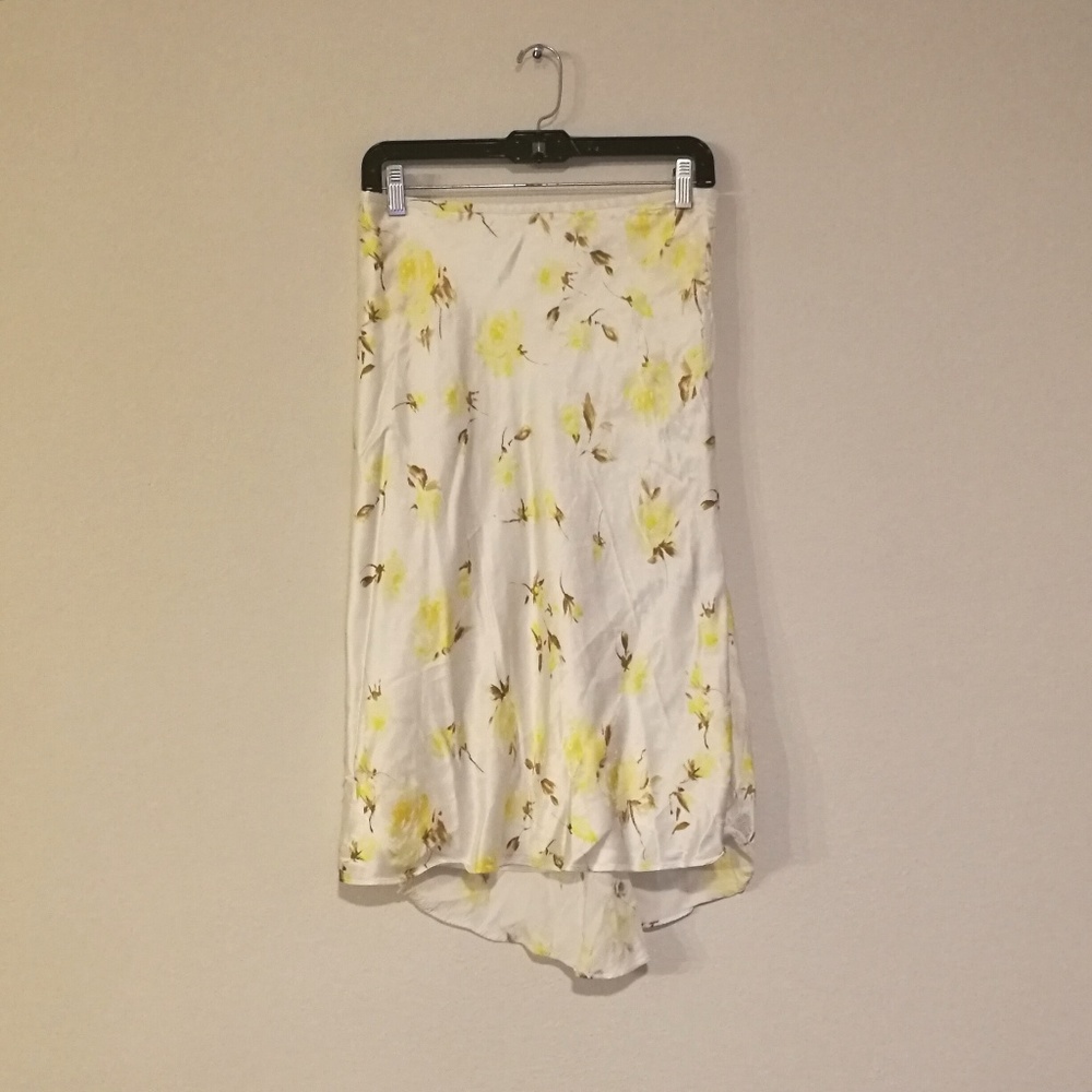 Banana Republic Satin Midi Skirt Yellow Rose Print